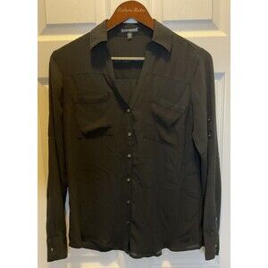 Express Black Women SP Sheer Long Sleeve Dress Shirt V Neck Roll Cuff Sleeve